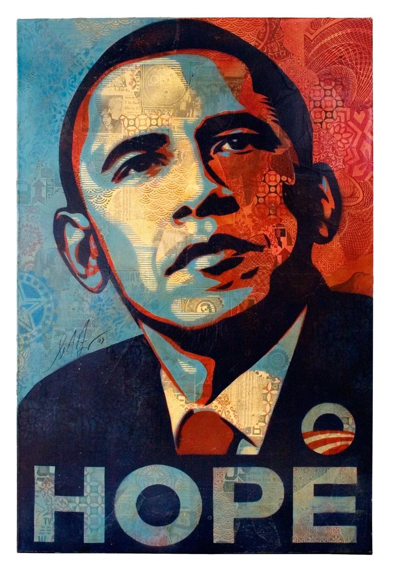 Shepard Fairey, Obama Hope, Version 1, 2008, Mixed Media (Stencil, Silkscreen, and Collage) on Canvas 48 x 72 in. (121.92 x 182.88 cm) Art courtesy of Shepard Fairey