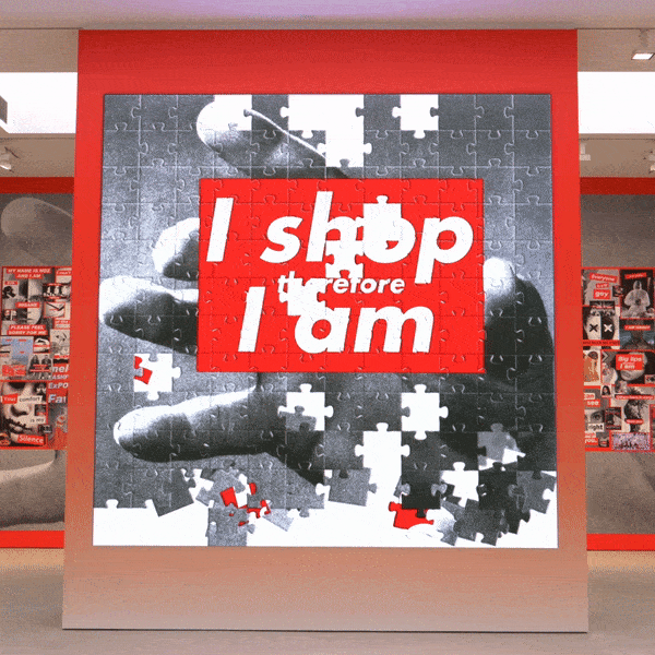 Barbara Kruger – Untitled (I shop therefore I am), 1987/2019, single-channel video on LED panel, sound, 57 sec, 350.1 x 351.1 cm (137 7:8 x 138 1/4 inches), installation view, courtesy David Zwirner